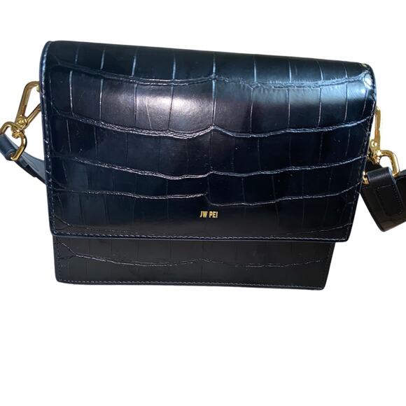 JW PEI Mini Shoulder Croc Embossed Faux Leather Bag Magnetic Lock Black ~ 8"x6" - Picture 3 of 11